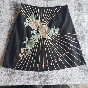 French Connection Black Skirt Embroidered Silk Blend Butterfly Flower Design